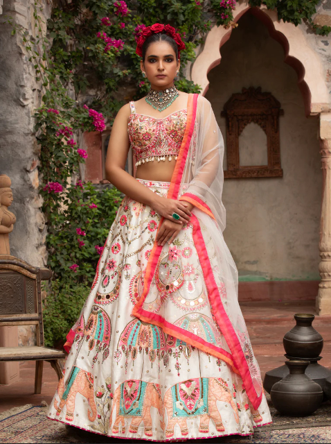 Buy silk lehenga choli in white pink color