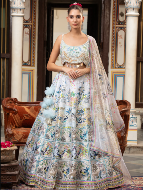 Buy elegant Off White Silk Lehenga