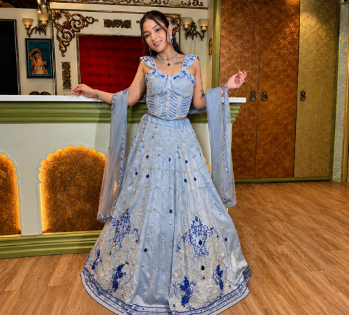 Buy Light Blue Embroidered Lehenga Choli Online in USA Embroidery Detail