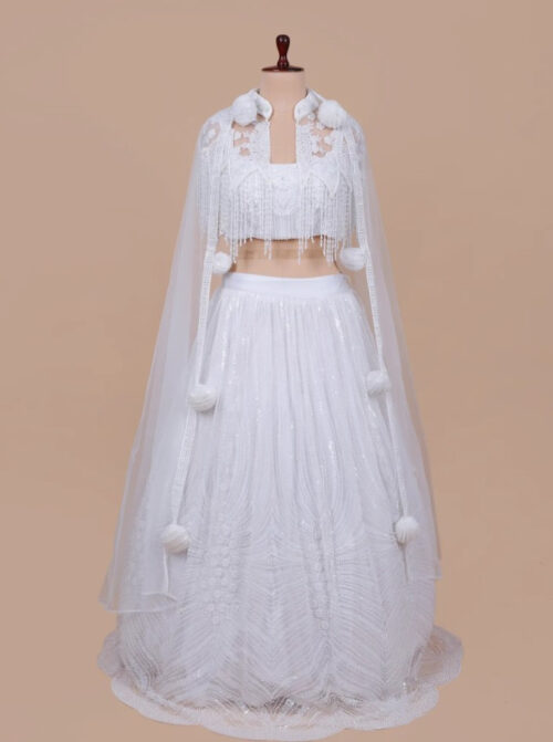 Celebrity Inspired White Net Lehenga with Dupatta in USA