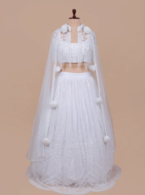 Celebrity Inspired White Net Lehenga with Dupatta in USA