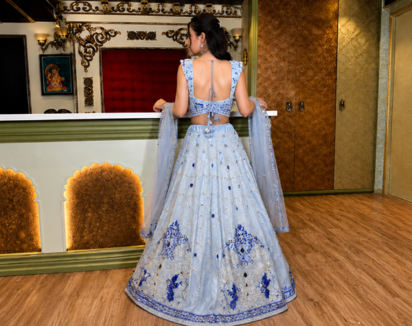 Buy Light Blue Embroidered Lehenga Choli Online in USA Back View