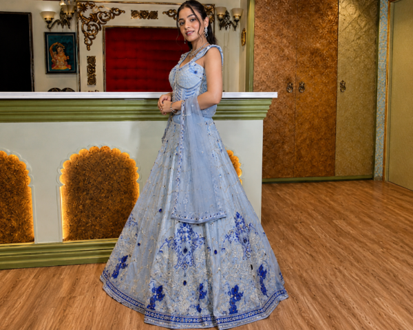 Buy Light Blue Embroidered Lehenga Choli Online in USA Side View