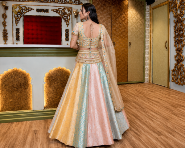 Buy Pastel Multicolour Embroidered Lehenga Choli Online in USA Back View