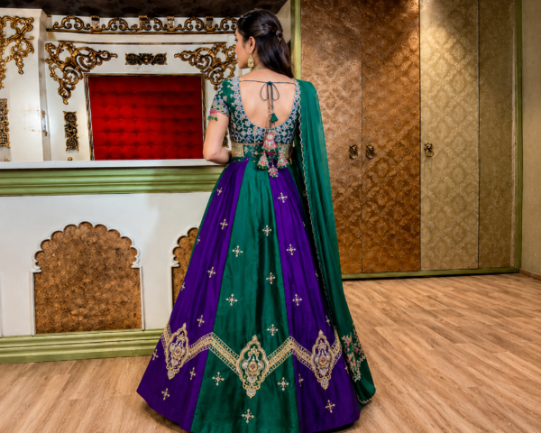 Buy Emerald Green and Purple Embroidered Lehenga Choli Online in USA Back View