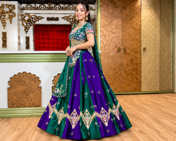 Buy Emerald Green and Purple Embroidered Lehenga Choli Online in USA Side View