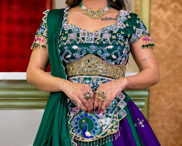 Buy Emerald Green and Purple Embroidered Lehenga Choli Online in USA Front View