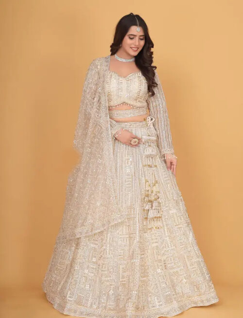 White Designer Lehenga in USA - Full Front View