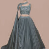 Designer Silk Lehenga in USA - Exclusive Dusty Teal Silk Lehenga Front View
