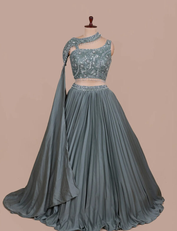 Designer Silk Lehenga in USA - Exclusive Dusty Teal Silk Lehenga Front View