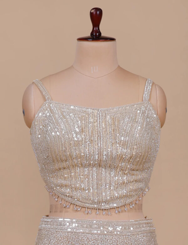 Champagne Fish Cut Lehenga in USA - Front View