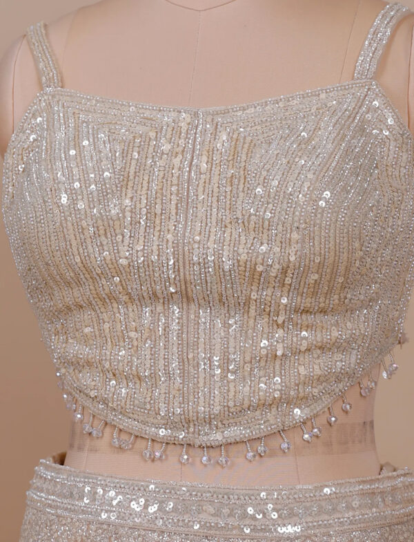 Champagne Fish Cut Lehenga in USA - Sequins Embroidery Detail