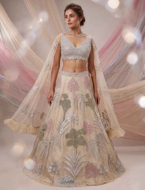 Beige Party Wear Lehenga in USA - Full Model View