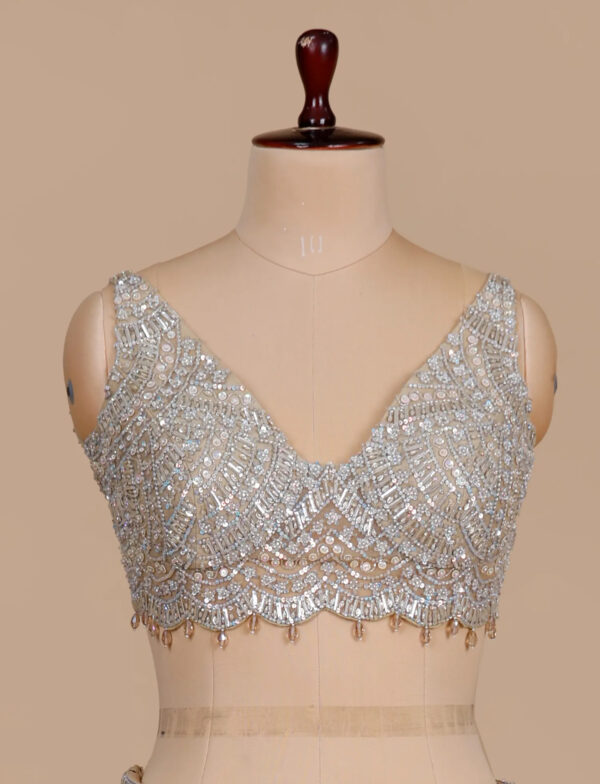 Beige Party Wear Lehenga in USA - Designer Blouse Front