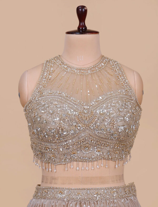 Beige Jimmy Choo Lehenga in USA - Designer Blouse Front