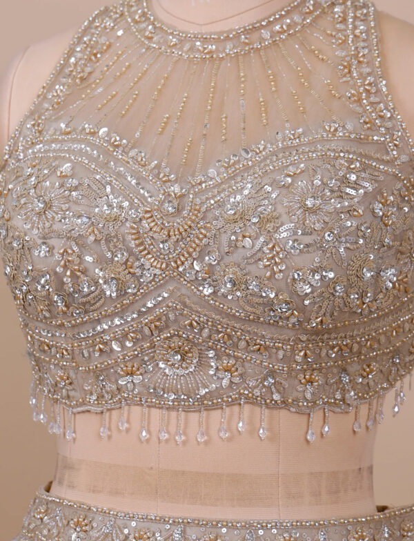 Beige Jimmy Choo Lehenga in USA - Cut Dana Embroidery Detail
