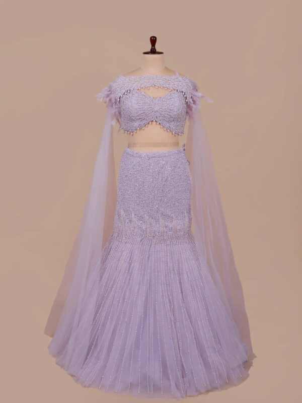 Designer Lilac Imported Net Lehenga with Feather & Pearl Work in USA