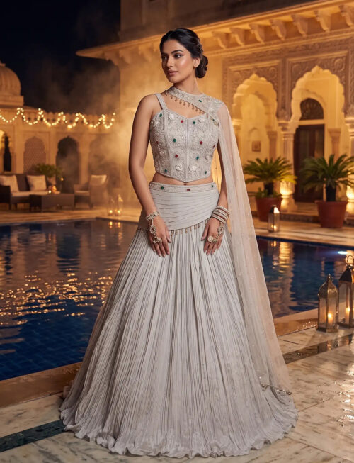 Grey Pearl Lehenga Full View Grey Pearl Lehenga in USA - Full View