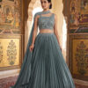 Designer Silk Lehenga in USA - Dusty Teal Silk Lehenga Full View