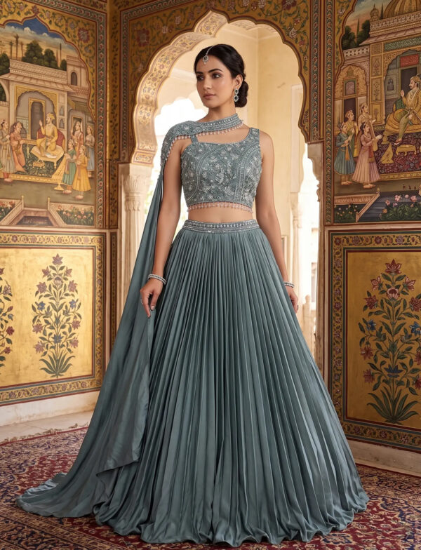 Designer Silk Lehenga in USA - Dusty Teal Silk Lehenga Full View