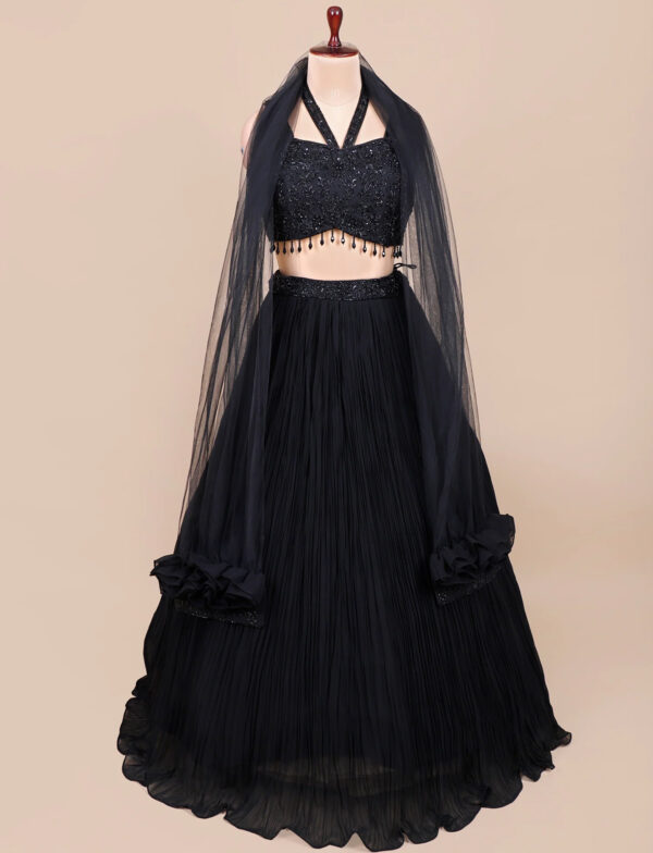 Black Regal Pearl Beads Aura Georgette Lehenga in USA | Designer Wedding Wear Black Regal Pearl Beads Aura Georgette Lehenga in USA with Designer Blouse and Dupatta