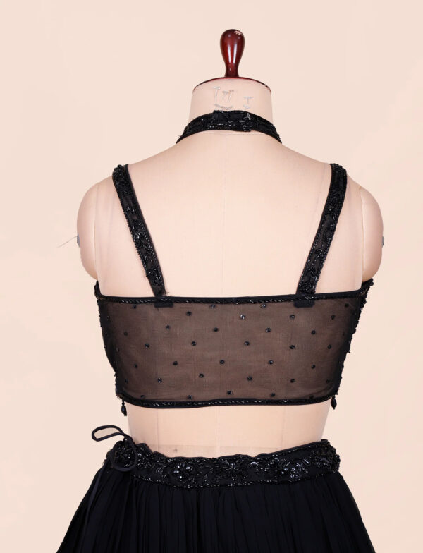 Black Designer Lehenga Blouse Back View in USA Back View of Black Pearl Beads Embroidered Lehenga Blouse in USA