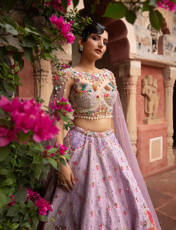Light Lavender Silk Lehenga Embroidery Detail in USA Close-Up of Light Lavender Silk Lehenga with Applique Work in USA
