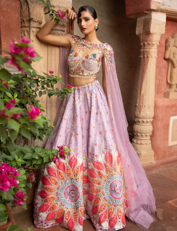 Light Lavender Silk Lehenga Side View in USA Light Lavender Designer Silk Lehenga with Applique Work Side View in USA