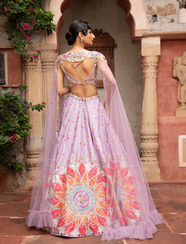 Light Lavender Applique Work Silk Lehenga in USA Light Lavender Silk Lehenga with Applique Embroidery 45 Degree View in USA