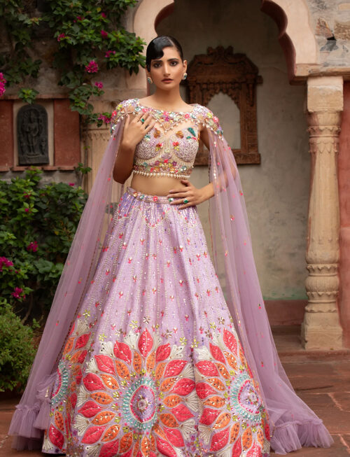 Light Lavender Silk Lehenga with Applique Work in USA Front View