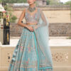 Sky Blue Net Lehenga with Handcrafted Applique in USA Front View