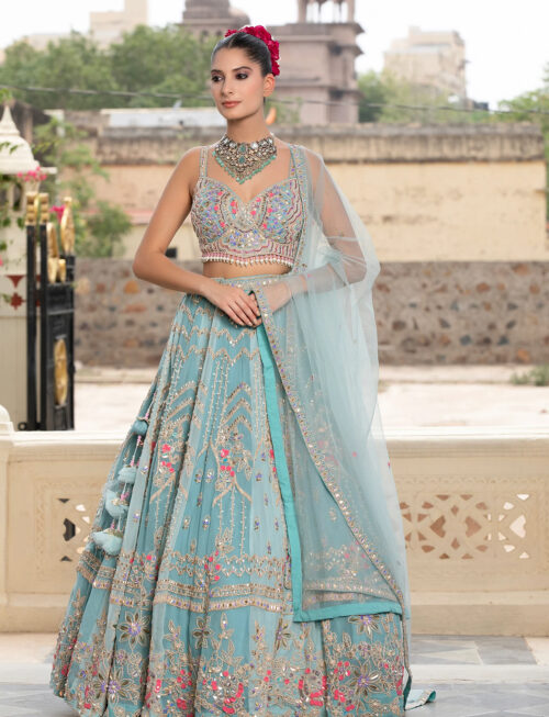 Sky Blue Net Lehenga with Handcrafted Applique in USA Front View