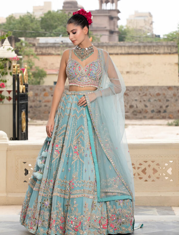 Sky Blue Designer Net Lehenga with Handcrafted Applique Side View in USA