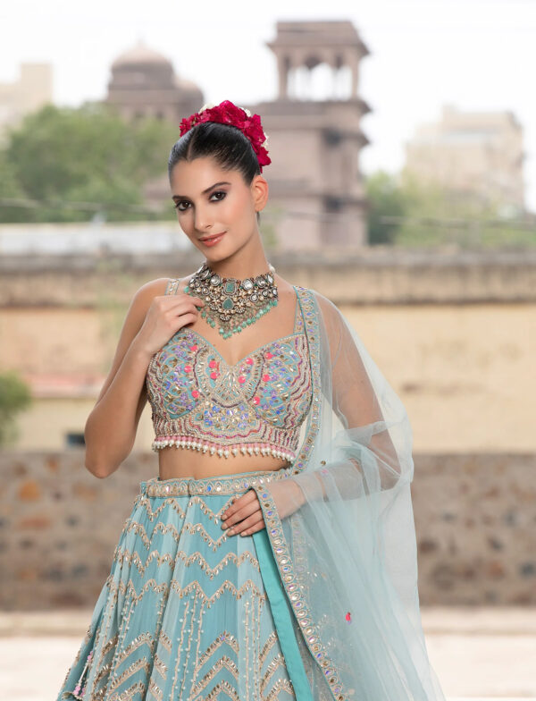Sky Blue Net Lehenga with Handcrafted Applique 45 Degree View in USA