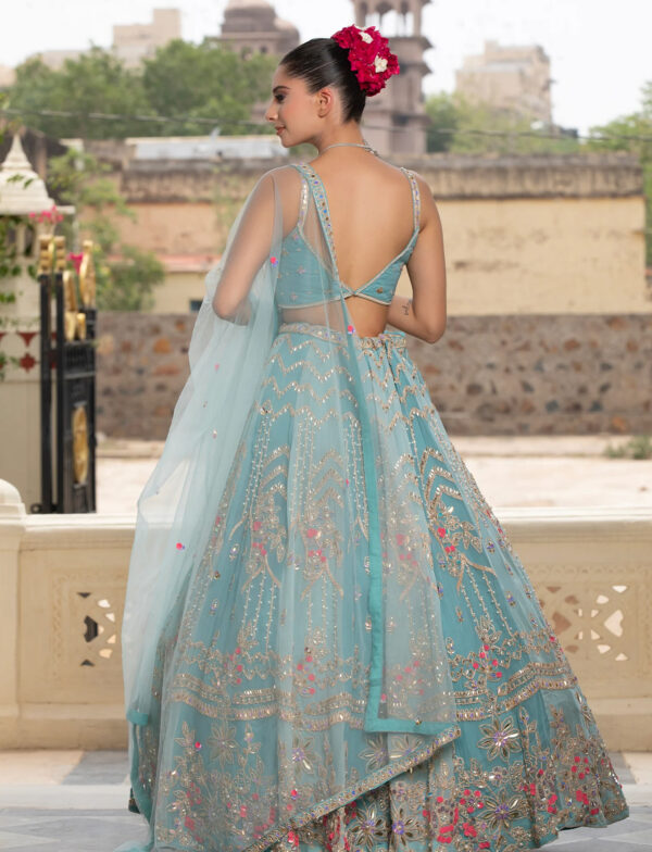 Full-Length Sky Blue Net Lehenga with Handcrafted Applique in USA
