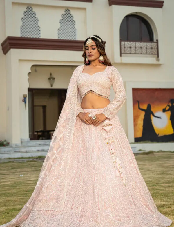 Princess Pink Designer Net Lehenga in USA Princess Pink Net Lehenga with Dupatta 45 Degree View in USA