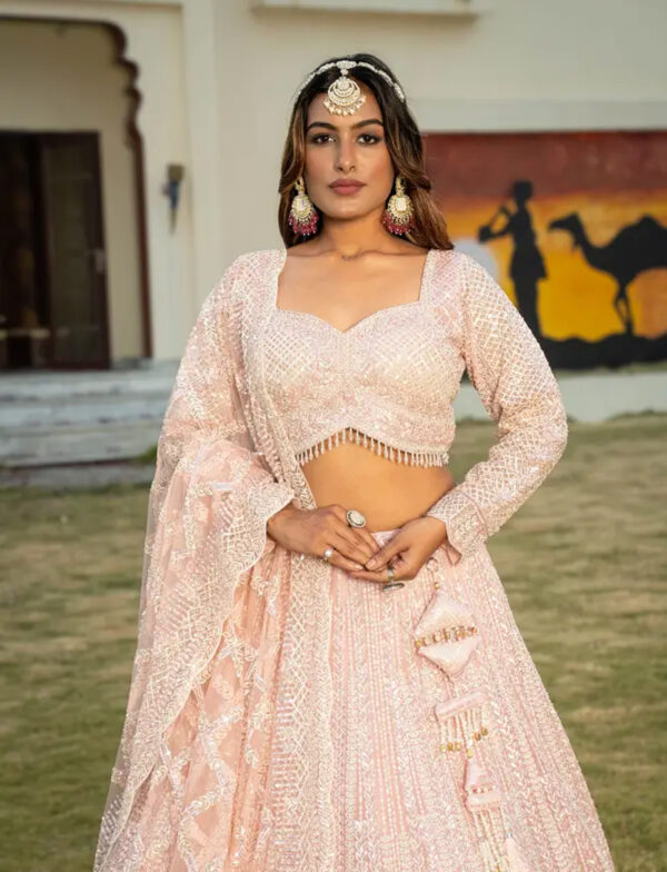 Princess Pink Net Lehenga with Dupatta in USA | Designer Wedding Wear Princess Pink Net Lehenga with Dupatta in USA Front View