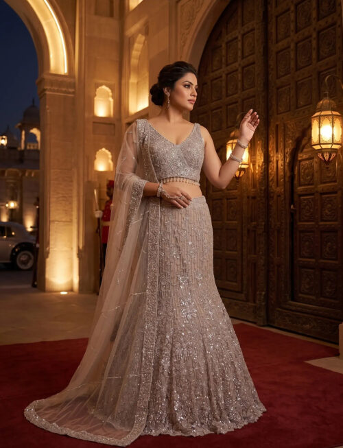 Luxury Champagne Mermaid Lehenga with Elegant Handwork in USA Full View