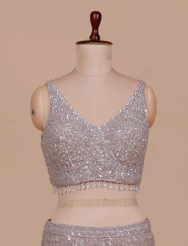 Champagne Designer Blouse with Hand Embroidery in USA Luxury Champagne Mermaid Lehenga Designer Blouse with Elegant Handwork in USA