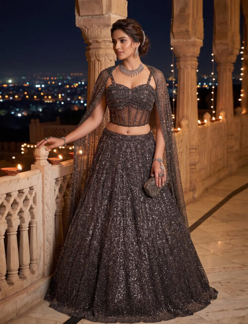 Charcoal Couture Lehenga with Elegant Designer Work in USA Full View