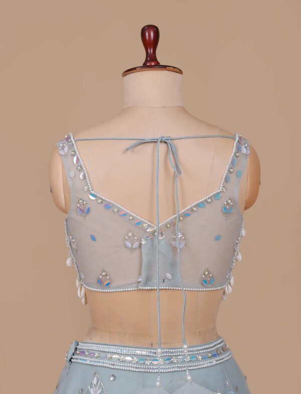 Powder Blue Designer Blouse Back View in USA Graceful Powder Blue Lehenga with Pearl Accents in USA Back View Blouse