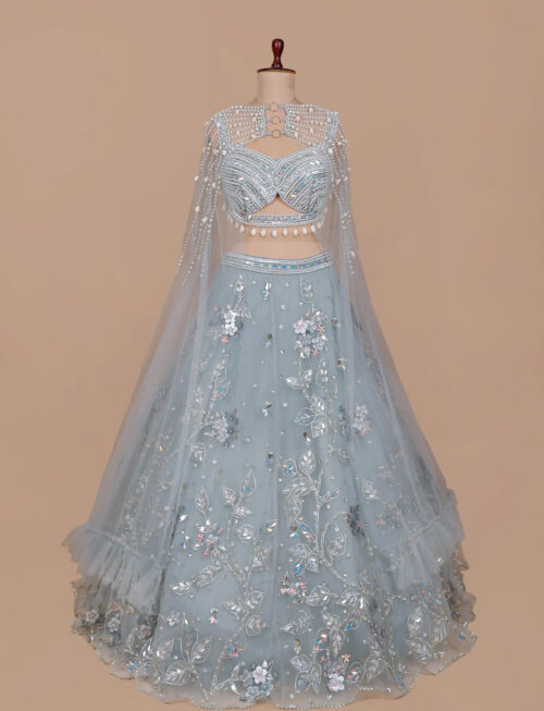 Graceful Powder Blue Lehenga with Pearl Accents in USA Full View