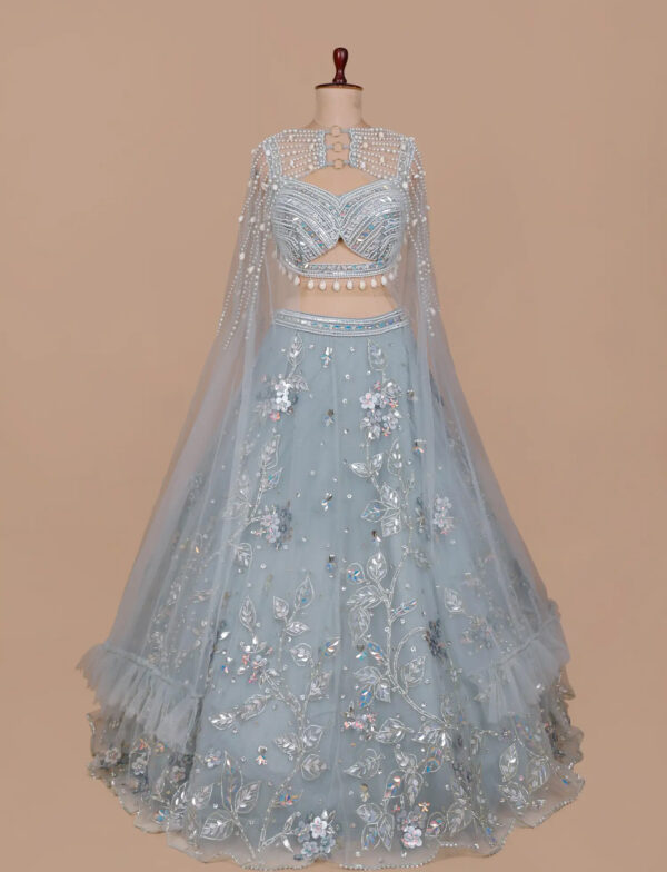 Graceful Powder Blue Lehenga with Pearl Accents in USA | Designer Wedding Wear Graceful Powder Blue Lehenga with Pearl Accents in USA Full View